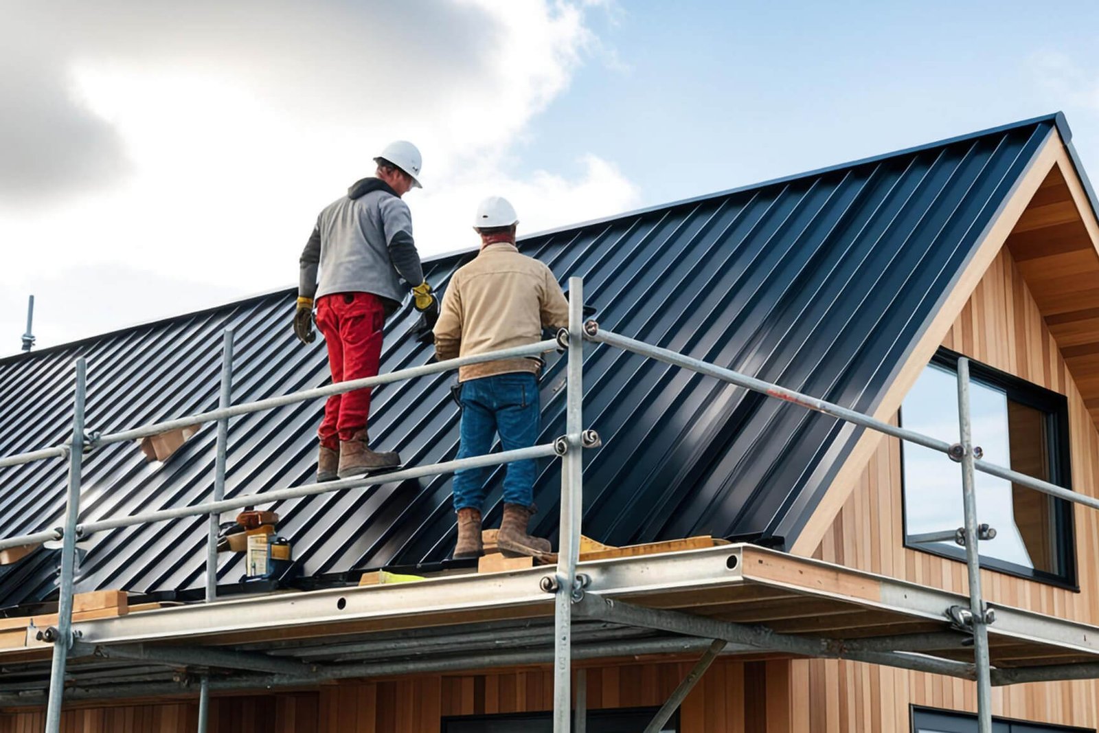Two People Adding Finishing Touches to Roof