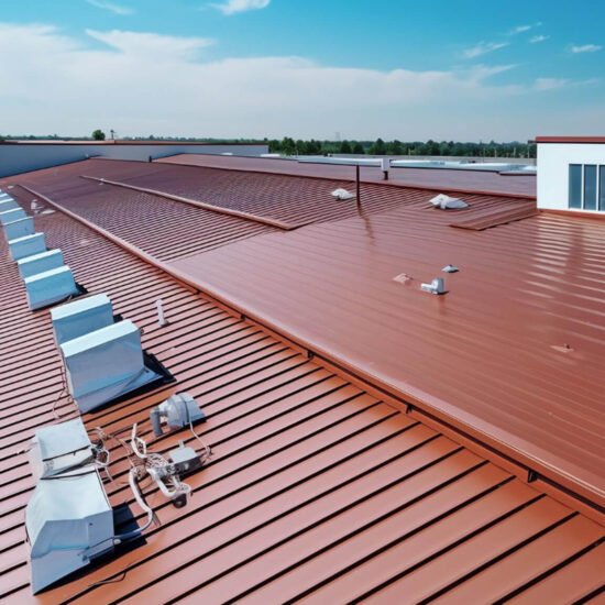 Aerial view of red metal roof on commercial building with HVAC units