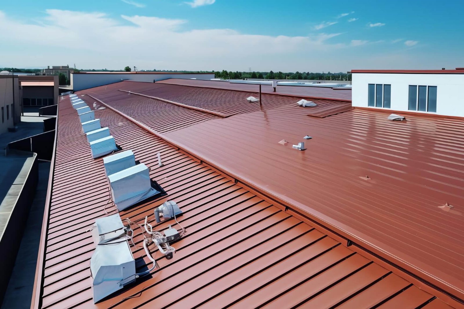 Aerial view of red metal roof on commercial building with HVAC units