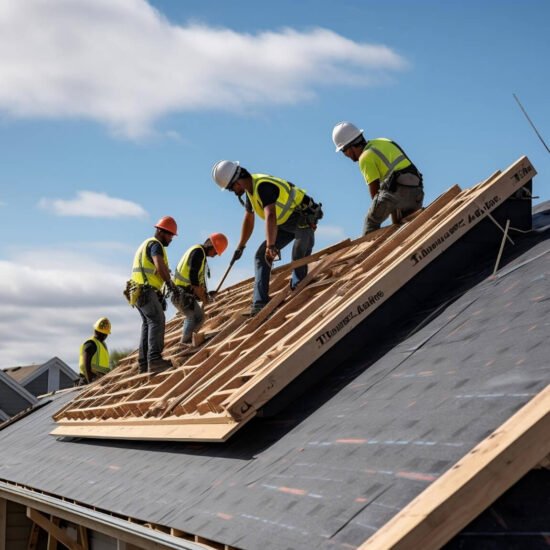 Roofing crew in safety vests replacing shingles on a residential house.