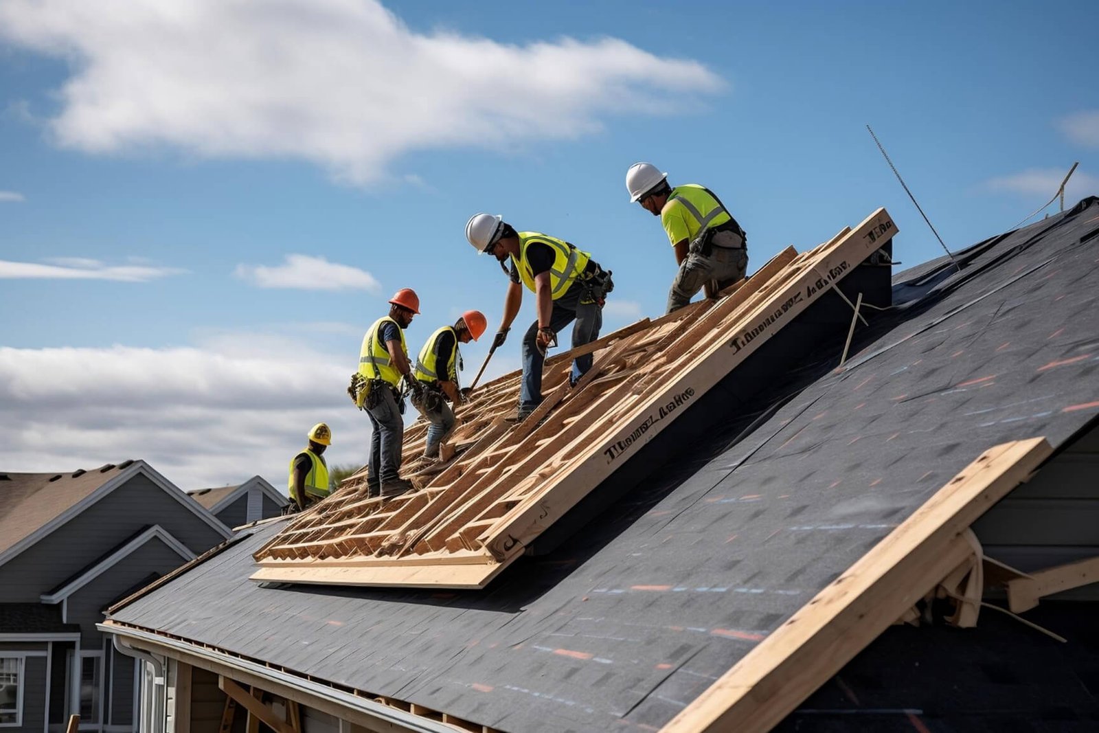 Roofing crew in safety vests replacing shingles on a residential house.