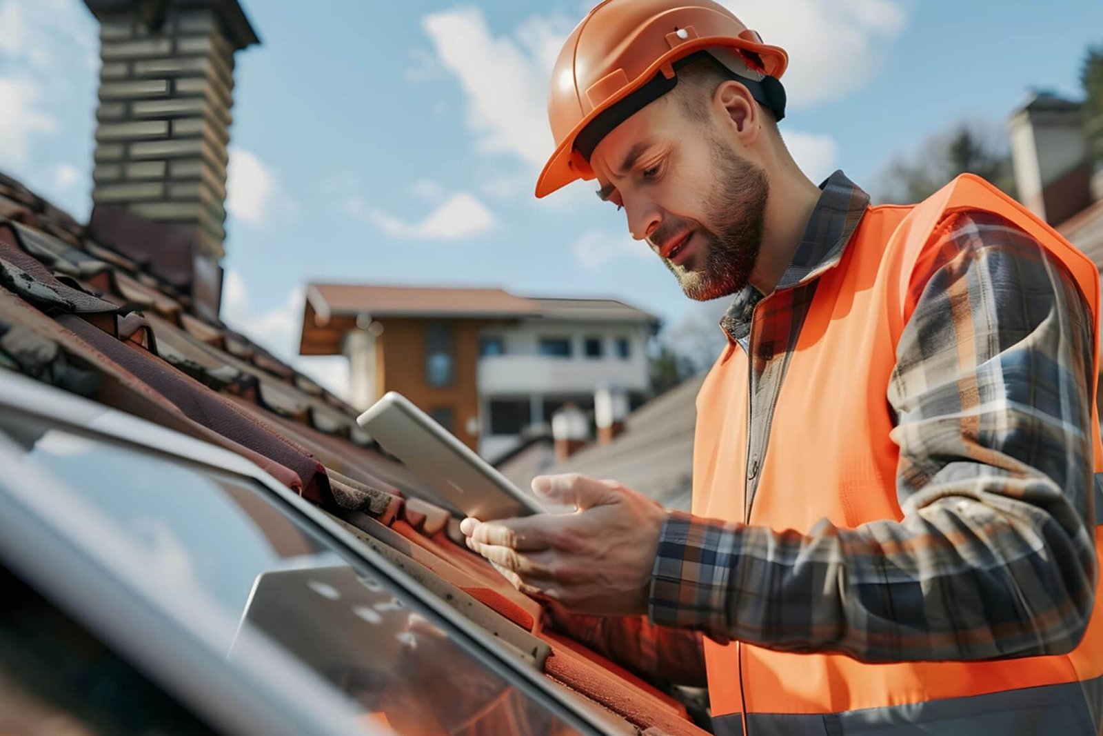 Roof inspector in orange hard hat using tablet to assess roof damage